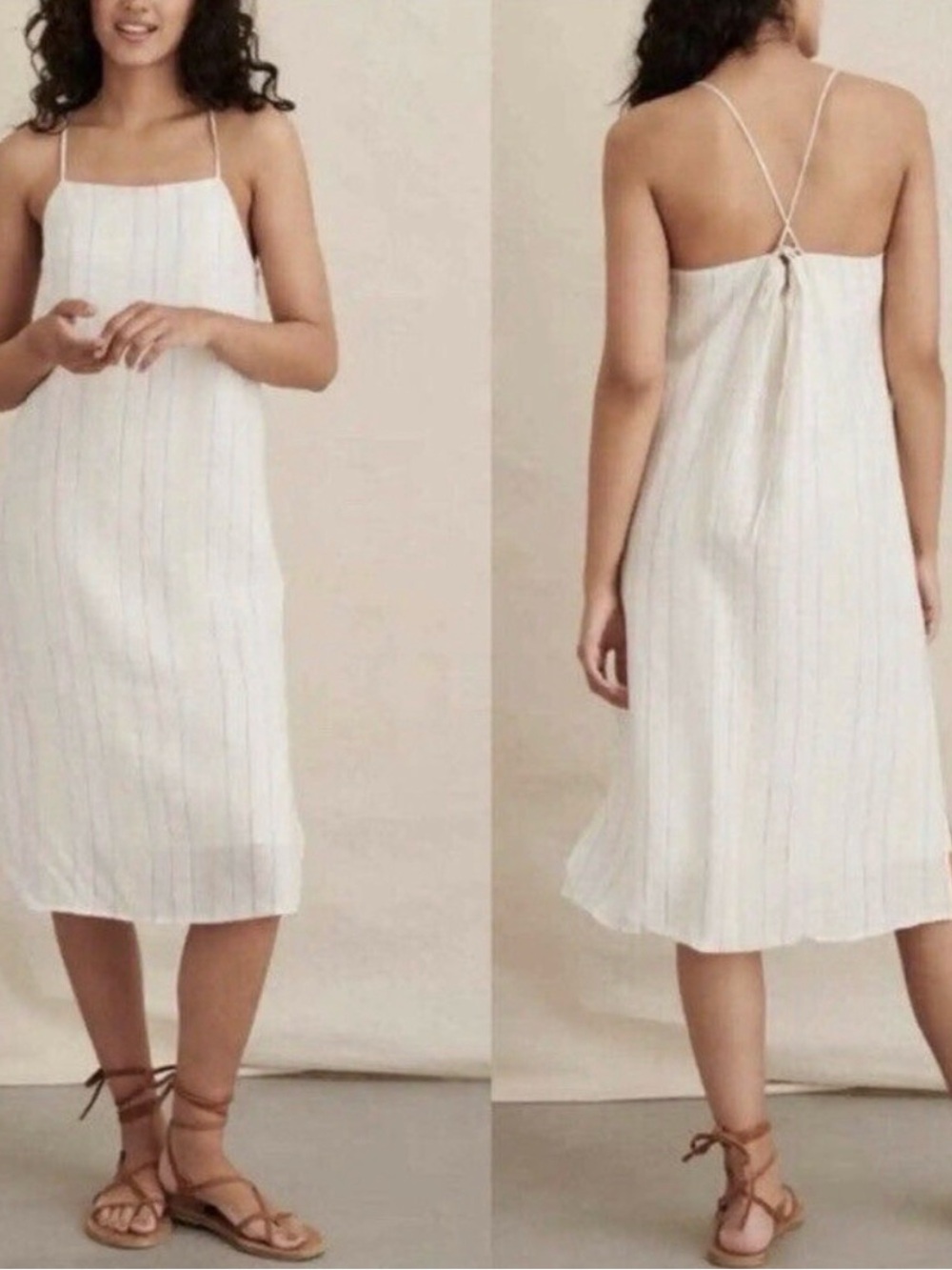 Alex Mill Women’s White Linen Midi Dress with Thin Rainbow Stripes (M)